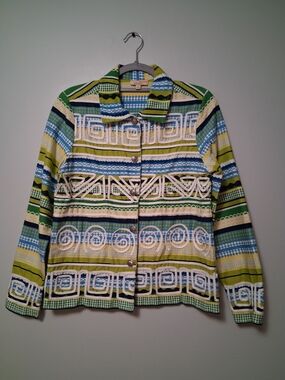 Vintage Choices Denim Button-Front Jacket Multi Color Stripe Swirl Pattern Sz M